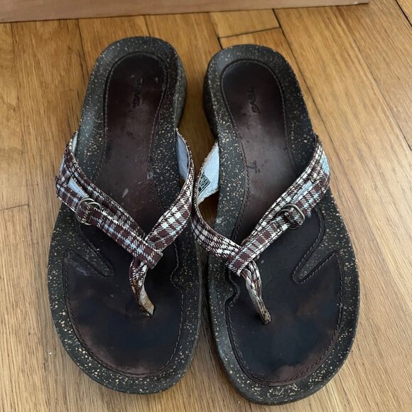 Teva Size 7.5 Brown Plaid Ventura Leather Toe Post Thong Flip Flop Sandals #6503 - Picture 10 of 16